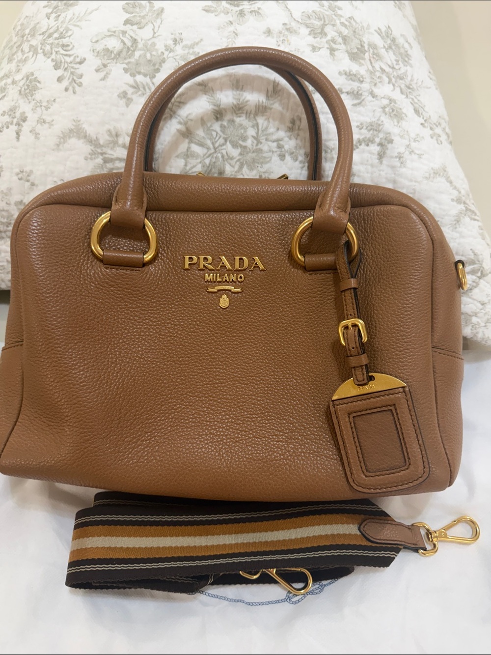 Prada Tan Pebbled Leather Dome Satchel with Gold Hardware